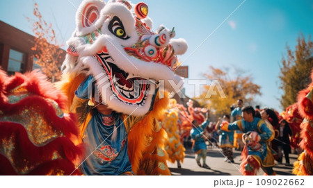 A colorful parade featuring dragon dancers, lion dancers 109022662