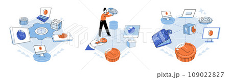 Defi vector illustration. Transactions in crypto space are secure and efficient due to blockchain technology The DeFi metaphor compares financial ecosystem to decentralized and interconnected web 109022827
