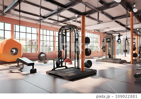 Interior of a fitness hall with gym equipment. 3D rendering. Generative AI 109022881