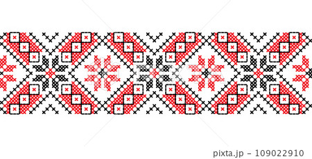 Ukrainian embroidery pattern for textile, fabric, cloth. Vector seamless pattern, print. Ukrainian folk embroidery, ethnic ornament. Pixel art, vyshyvanka, cross stitch 109022910