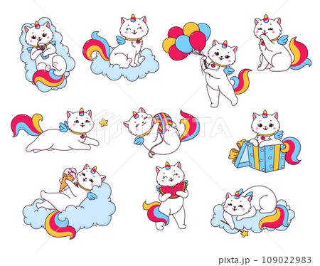 Cute cartoon caticorn characters, funny cute kitty cat unicorns, vector kid animals. Cheerful rainbow caticorn kitty on cloud with balloons in birthday gift box with ice cream and magic wand Cute cartoon caticorn characters, funny cute kitty cat unicorns, vector kid animals. Cheerful rainbow caticorn kitty on cloud with balloons in birthday gift box with ice cream and magic wand 109022983