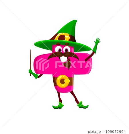 Cartoon Halloween math number plus sign wizard character. Isolated vector cute mathematics and arithmetic symbol wear sorcerer hat casting educational spell with powerful its wand for teaching kids Cartoon Halloween math number plus sign wizard character. Isolated vector cute mathematics and arithmetic symbol wear sorcerer hat casting educational spell with powerful its wand for teaching kids 109022994
