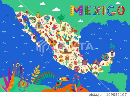Mexico map with national cuisine, animals, musical instruments, holiday items and flowers. Vector mexican fiesta and travel banner of Mexico country silhouette with sombrero, guitar, maracas, skulls 109023167