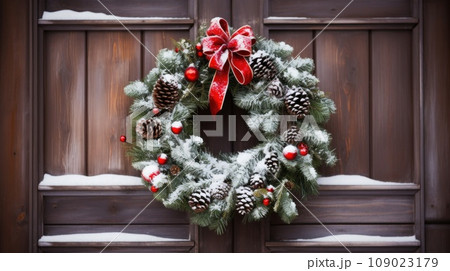 A beautiful Christmas wreath hanging on a rustic wooden door 109023179
