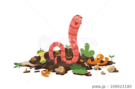 Cartoon earth worm character eating compost or bio organic wastes for vermicomposting, vector poster. Funny happy earthworm in compost soil with compostable organic garbage and food scraps 109023180