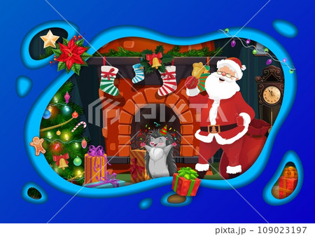Christmas paper cut poster with cheerful Santa near fireplace and decorated pine tree at Xmas holiday eve. Vector greeting card with 3d effect frame, Father Noel ringing the bell and funny hedgehog Christmas paper cut poster with cheerful Santa near fireplace and decorated pine tree at Xmas holiday eve. Vector greeting card with 3d effect frame, Father Noel ringing the bell and funny hedgehog 109023197