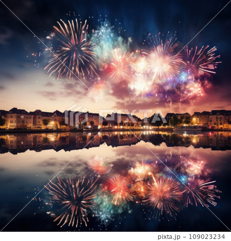 view of fireworks lighting up the sky above a river, with the reflection of the colors on the water view of fireworks lighting up the sky above a river, with the reflection of the colors on the water 109023234