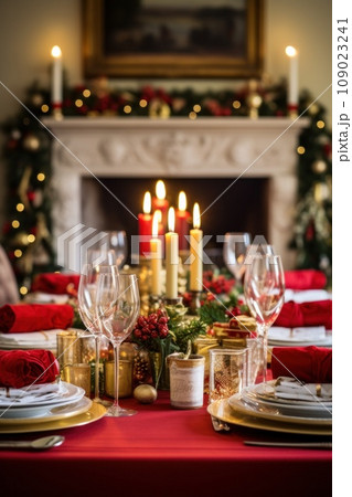 A festive Christmas table setting with red and gold accents 109023241