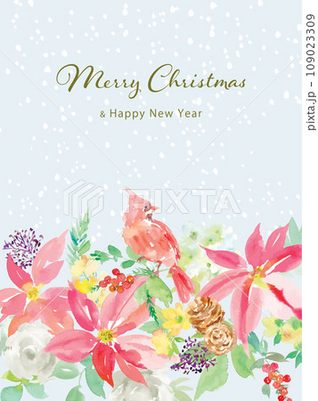 水彩で描いたポインセチアとカーディナルのクリスマスカード 水彩で描いたポインセチアとカーディナルのクリスマスカード