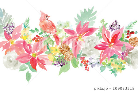 水彩で描いたポインセチアとカーディナルのクリスマス用背景イラスト 水彩で描いたポインセチアとカーディナルのクリスマス用背景イラスト 109023318