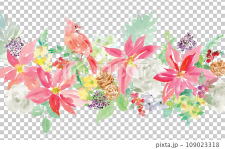 水彩で描いたポインセチアとカーディナルのクリスマス用背景イラスト 水彩で描いたポインセチアとカーディナルのクリスマス用背景イラスト 109023318