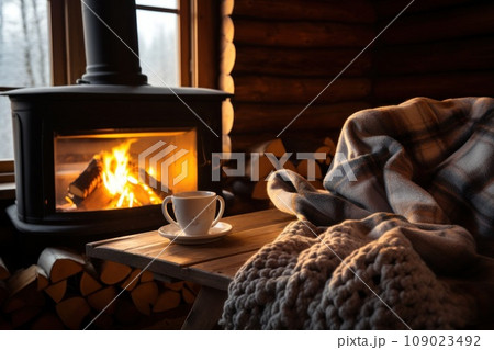 A cozy cabin interior with a roaring fireplace, soft blankets, and a hot cup of tea 109023492