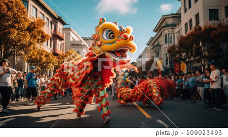 A colorful parade featuring dragon dancers, lion dancers 109023493