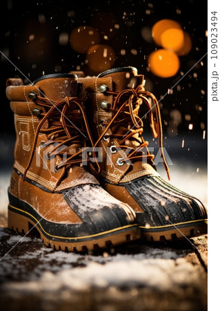 a pair of winter boots with snow falling in the background. 109023494