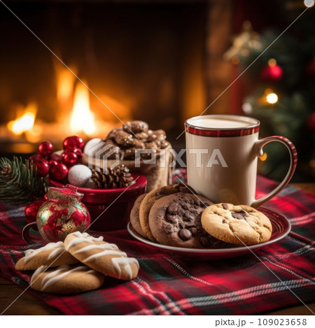 A cozy Christmas scene with a plaid blanket, a mug of hot cocoa, and a plate of Christmas cookies A cozy Christmas scene with a plaid blanket, a mug of hot cocoa, and a plate of Christmas cookies 109023658