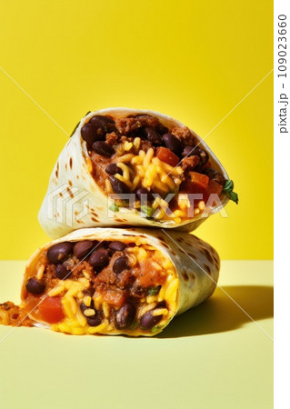 A breakfast burrito filled with scrambled eggs, black beans, cheese, and salsa A breakfast burrito filled with scrambled eggs, black beans, cheese, and salsa 109023660