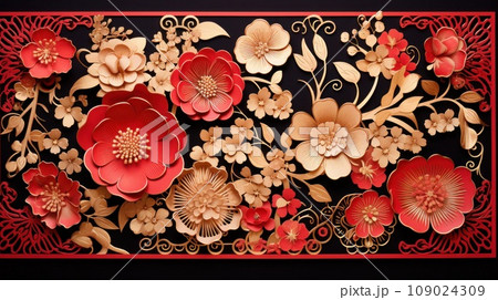 A vibrant Chinese New Year greeting card adorned with intricate golden patterns A vibrant Chinese New Year greeting card adorned with intricate golden patterns 109024309