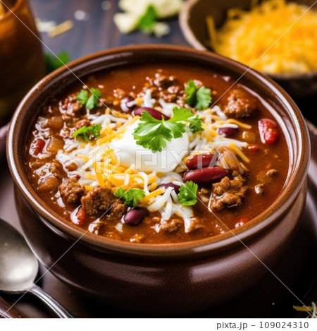 A spicy and flavorful chili soup with tender chunks of beef, beans, and a sprinkle of grated cheese A spicy and flavorful chili soup with tender chunks of beef, beans, and a sprinkle of grated cheese 109024310