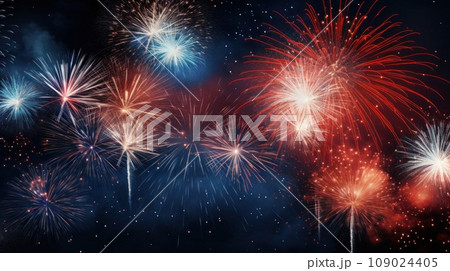 A vibrant image featuring fireworks exploding against a dark night sky. 109024405