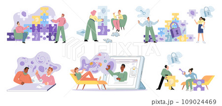 Game therapy vector illustration. Patients can benefit from game-based teaching methods to enhance their learning and personal growth in therapy Problem-solving games provide support in developing Game therapy vector illustration. Patients can benefit from game-based teaching methods to enhance their learning and personal growth in therapy Problem-solving games provide support in developing 109024469