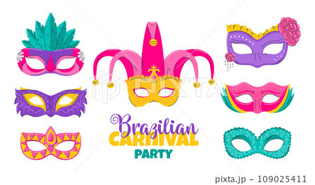 Set of carnival face masks for party decoration or masquerade. Masks with feathers, flower, rhinestones and patterns. Venetian mask. Flat Vector illustration isolated on a white background. 109025411