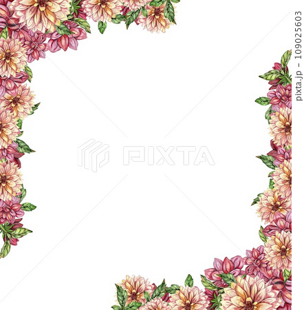 Flowers square frame with dahlia, watercolor illustration for cards, backgrounds. Watercolor illustration for scrapbooking. Hand drawn background with flower for your design. Perfect for wedding invit 109025603