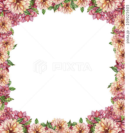Flowers square frame with dahlia, watercolor illustration for cards, backgrounds. Watercolor illustration for scrapbooking. Hand drawn background with flower for your design. Perfect for wedding invit Flowers square frame with dahlia, watercolor illustration for cards, backgrounds. Watercolor illustration for scrapbooking. Hand drawn background with flower for your design. Perfect for wedding invit 109025605