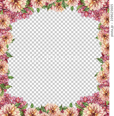 Flowers square frame with dahlia, watercolor illustration for cards, backgrounds. Watercolor illustration for scrapbooking. Hand drawn background with flower for your design. Perfect for wedding invit Flowers square frame with dahlia, watercolor illustration for cards, backgrounds. Watercolor illustration for scrapbooking. Hand drawn background with flower for your design. Perfect for wedding invit 109025605