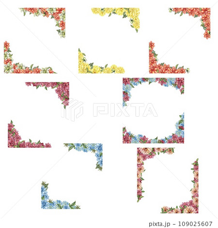 Flowers square frame with dahlia, watercolor illustration for cards, backgrounds. Watercolor illustration for scrapbooking. Hand drawn background with flower for your design. Perfect for wedding invit Flowers square frame with dahlia, watercolor illustration for cards, backgrounds. Watercolor illustration for scrapbooking. Hand drawn background with flower for your design. Perfect for wedding invit 109025607