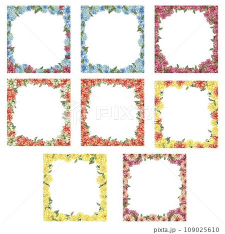 Flowers square frame with dahlia, watercolor illustration for cards, backgrounds. Watercolor illustration for scrapbooking. Hand drawn background with flower for your design. Perfect for wedding invit 109025610