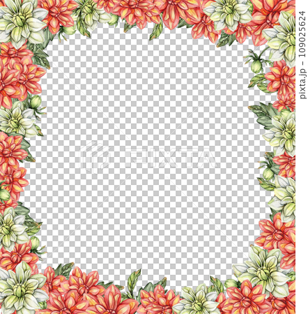 Flowers square frame with dahlia, watercolor illustration for cards, backgrounds. Watercolor illustration for scrapbooking. Hand drawn background with flower for your design. Perfect for wedding invit Flowers square frame with dahlia, watercolor illustration for cards, backgrounds. Watercolor illustration for scrapbooking. Hand drawn background with flower for your design. Perfect for wedding invit 109025624