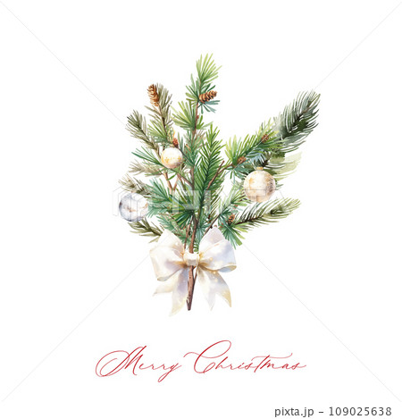Watercolor fir branch bouquet with Christmas balls, white bow Watercolor fir branch bouquet with Christmas balls, white bow 109025638