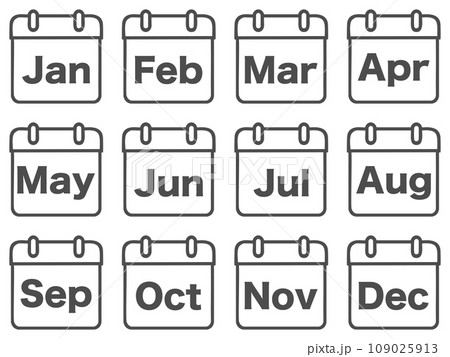 月名カレンダー 英語表記 アイコンセット モノクロ 月名カレンダー 英語表記 アイコンセット モノクロ 109025913