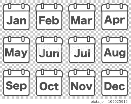 月名カレンダー 英語表記 アイコンセット モノクロ 月名カレンダー 英語表記 アイコンセット モノクロ 109025913