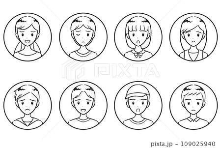 小学生の男子女子 ネガティブな表情 丸いアイコンセット 線画 小学生の男子女子 ネガティブな表情 丸いアイコンセット 線画 109025940