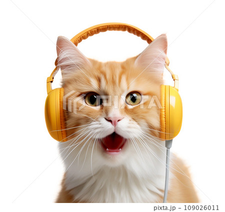 Beautiful cat with headphones isolated on a transparent background. 109026011