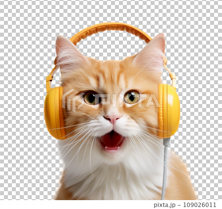 Beautiful cat with headphones isolated on a transparent background. 109026011