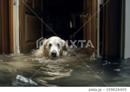 Dog in flooded house after flooding Dog in flooded house after flooding 109026405