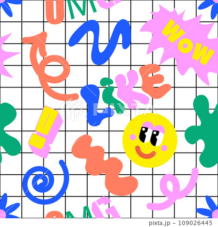 90 Cool Sticker Collage Pattern. Neon Color Print with Retro Millennium Style Patches. Cartoon Fun Smile Faces, y2k Style Vector Illustration. Funky art for T-Shirts, Wallpaper. 109026445