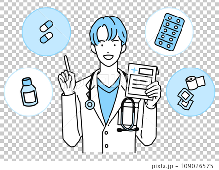 Male doctor explaining medicine/Doctor holding medicine in hand and pointing 109026575