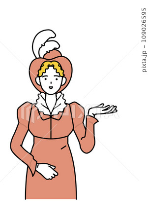 右側を掌で示す19世紀の貴族風の女性 右側を掌で示す19世紀の貴族風の女性 109026595