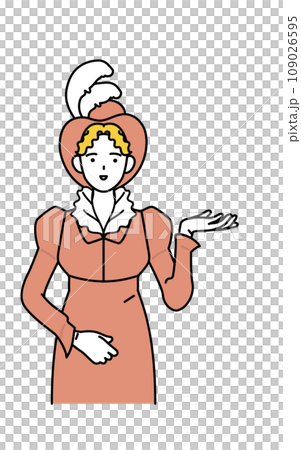 A 19th century aristocratic woman pointing her right hand with her palm 109026595