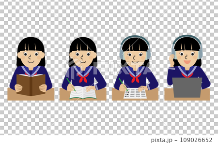 一位身穿水手服的日本女性上半身插圖集,展示了語言習得所需的四項基本技能 一位身穿水手服的日本女性上半身插圖集,展示了語言習得所需的四項基本技能 109026652