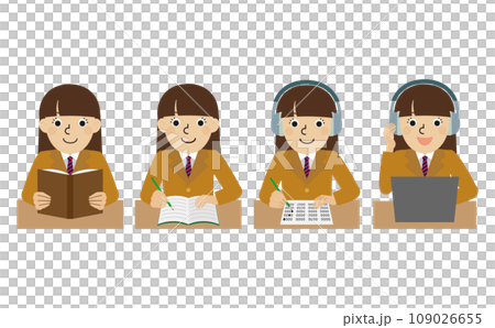 身穿西裝外套校服的女性上半身插圖集,正在練習語言習得所需的四項基本技能 身穿西裝外套校服的女性上半身插圖集,正在練習語言習得所需的四項基本技能 109026655