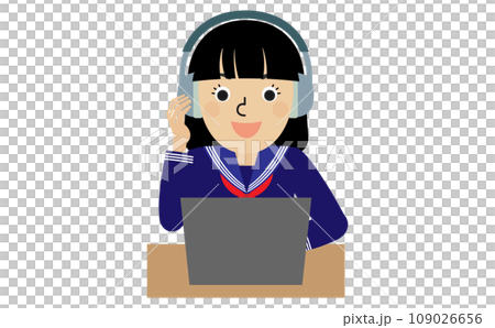 一位身穿水手校服的黑髮日本女性在桌前用筆記型電腦線上聊天 一位身穿水手校服的黑髮日本女性在桌前用筆記型電腦線上聊天 109026656