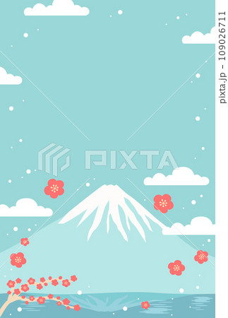 年賀状背景素材、富士山と梅の花背景水色 109026711