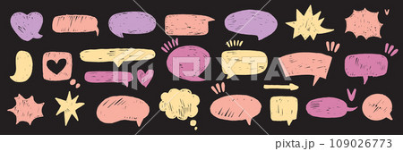 Speech bubble vector set, texture doodle comic talk balloon kit, hand drawn crayon cloud message. Speech bubble vector set, texture doodle comic talk balloon kit, hand drawn crayon cloud message. 109026773