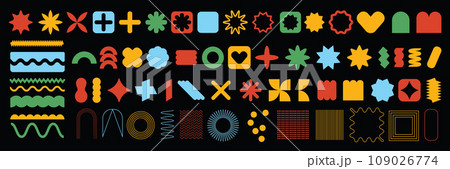Geometric shapes abstract flower vector set, funky star figure icon kit, retro brutal minimal art. Geometric shapes abstract flower vector set, funky star figure icon kit, retro brutal minimal art. 109026774