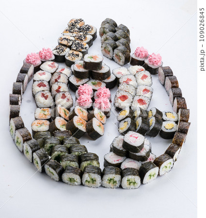 Japanese food restaurant, sushi maki gunkan roll plate or platter set. Sushi set and composition Japanese food restaurant, sushi maki gunkan roll plate or platter set. Sushi set and composition 109026845