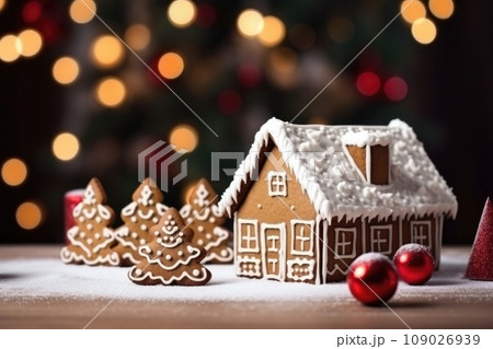 Gingerbread house on table. Defocused lights of Christmas garland. Evening in the living room. Holiday mood.  109026939
